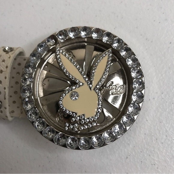 Vintage Playboy Y2K Bunny Spinner Rhinestone Enamel Buckle Bling Belt Off White - Picture 4 of 14